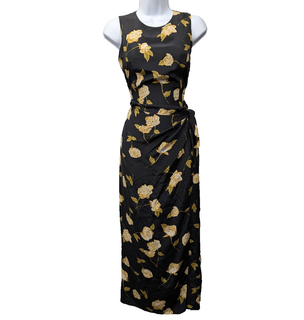 Vintage Silk Midi Dress Womens 6 Faux Wrap 90s Floral Romantic Neutral Phoebe